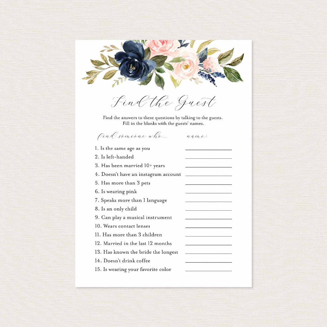 Navy Blush Bridal Shower Find The Guest Game Printable