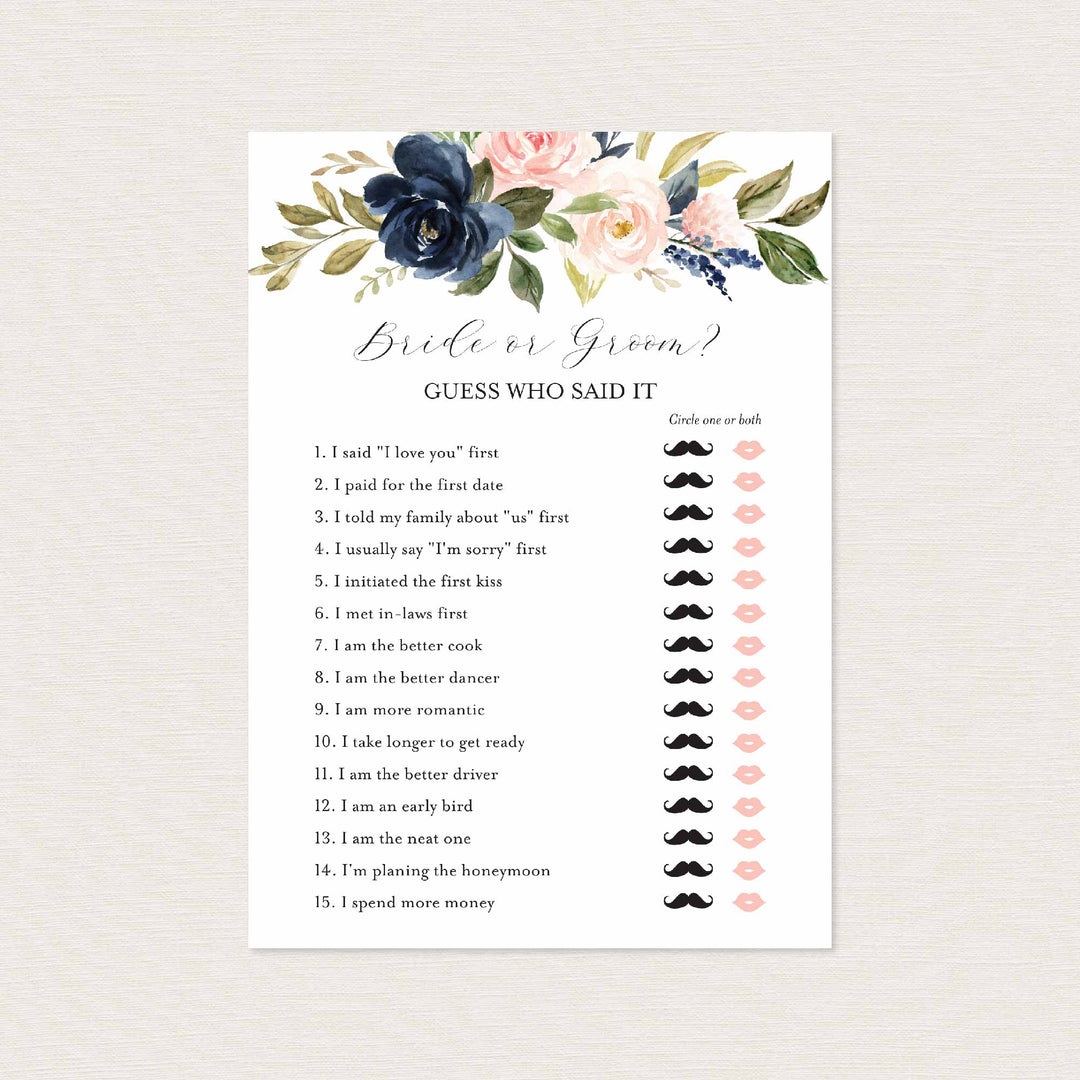 Navy Blush Bridal Shower He Said She Said Game Printable