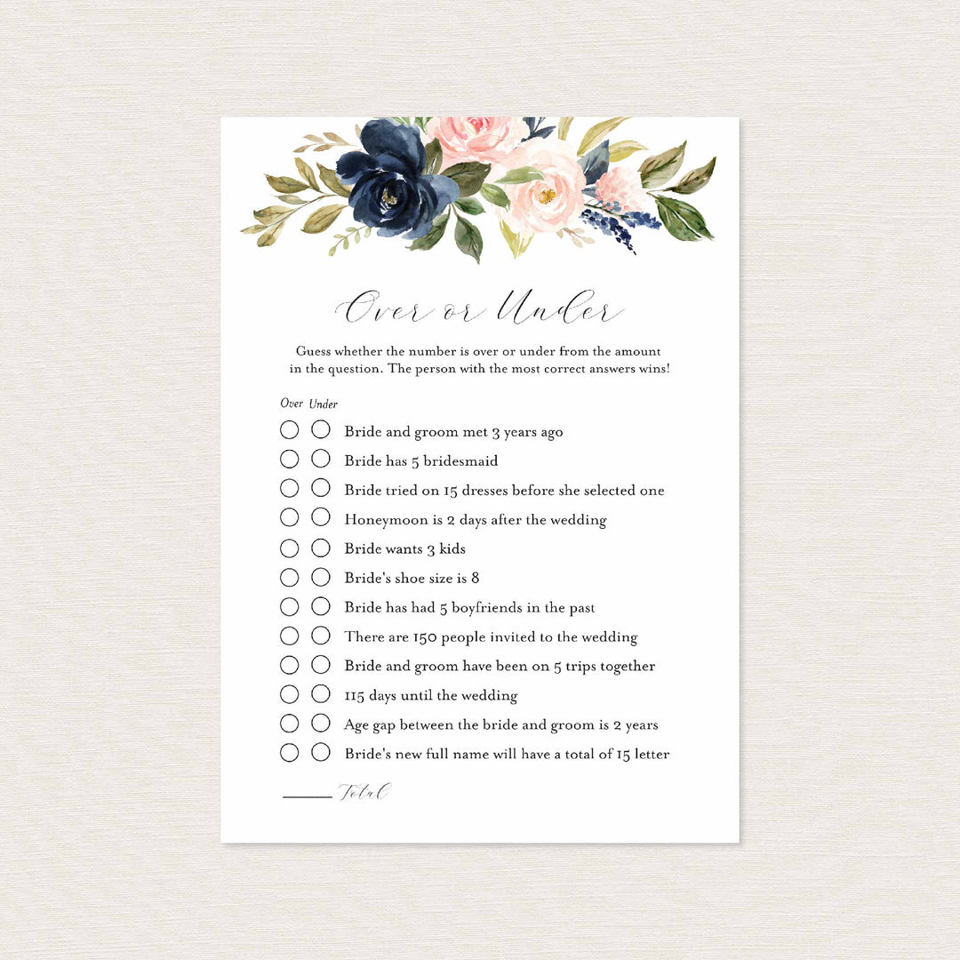 Navy Blush Bridal Shower Over or Under Game Printable