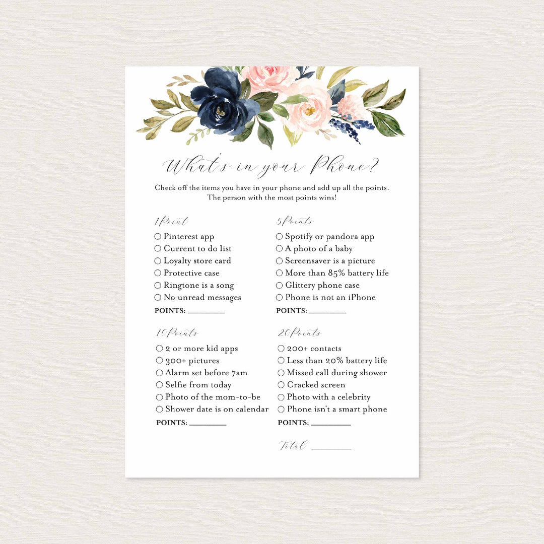 Navy Blush Bridal Shower What's In Your Phone Game Printable