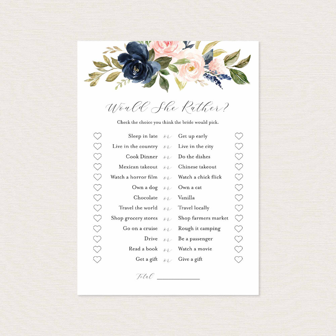 Navy Blush Bridal Shower Would She Rather Game Printable