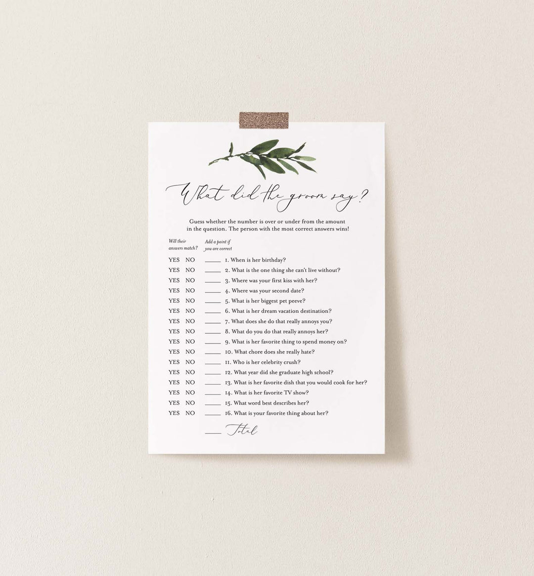 Foliage Bridal Shower What Did The Groom Say Game Printable