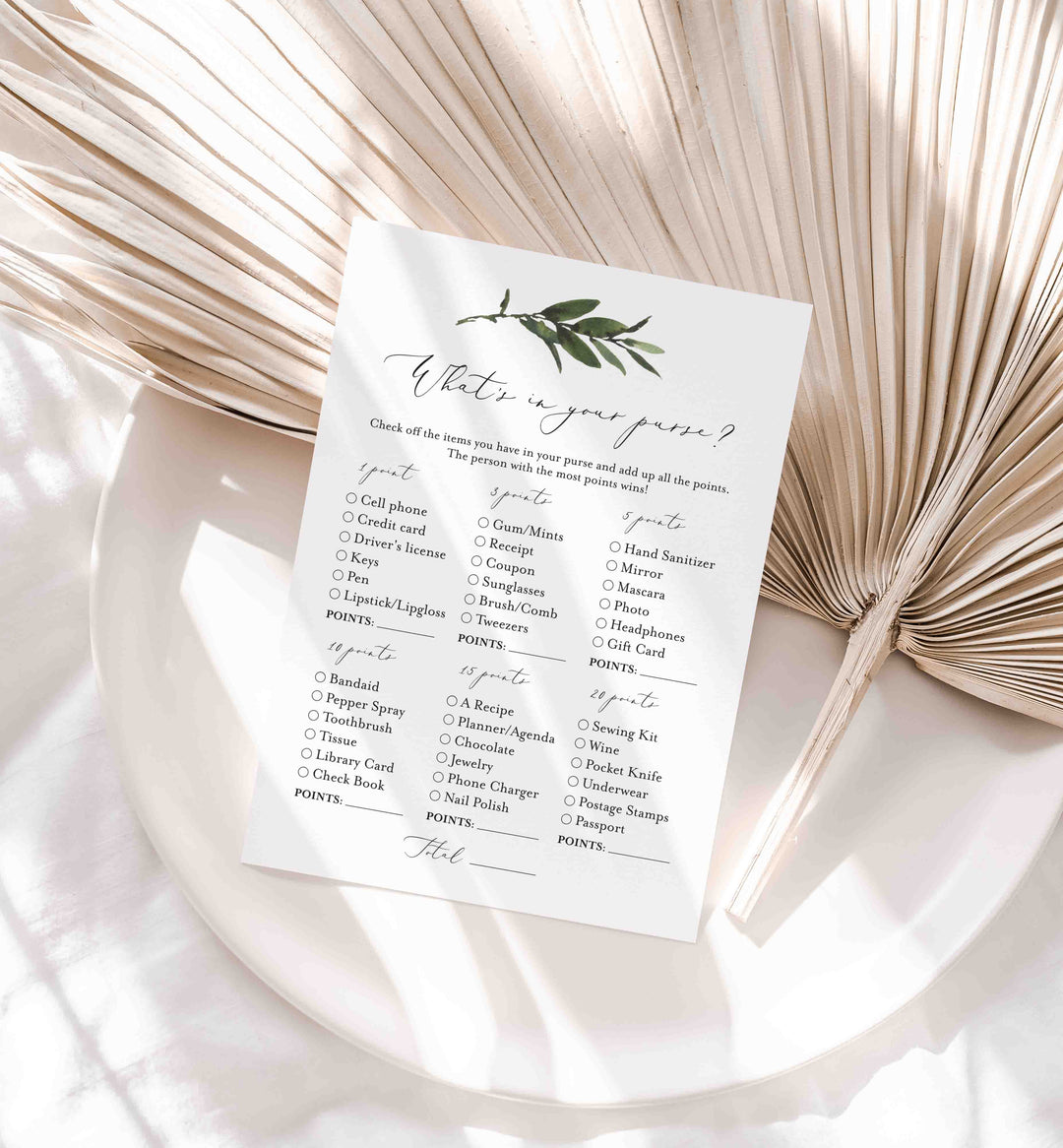 Foliage Bridal Shower What's In Your Purse Game Printable