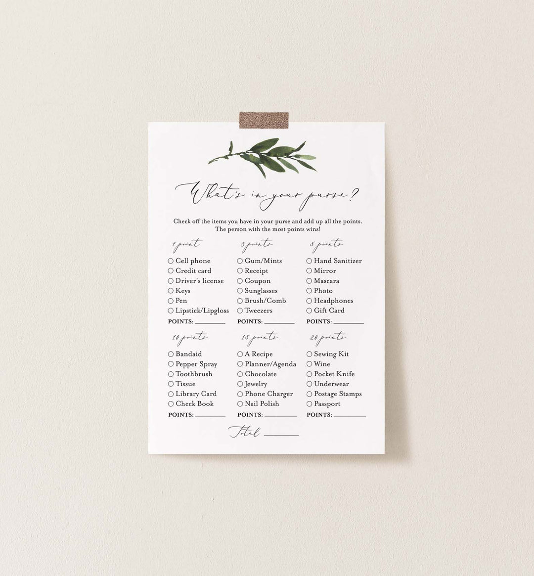 Foliage Bridal Shower What's In Your Purse Game Printable