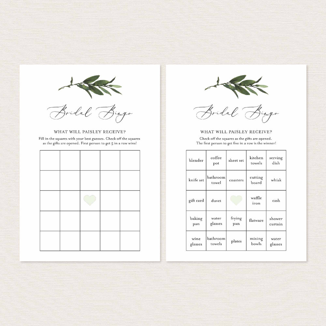 Foliage Bridal Shower Bingo Game Printable