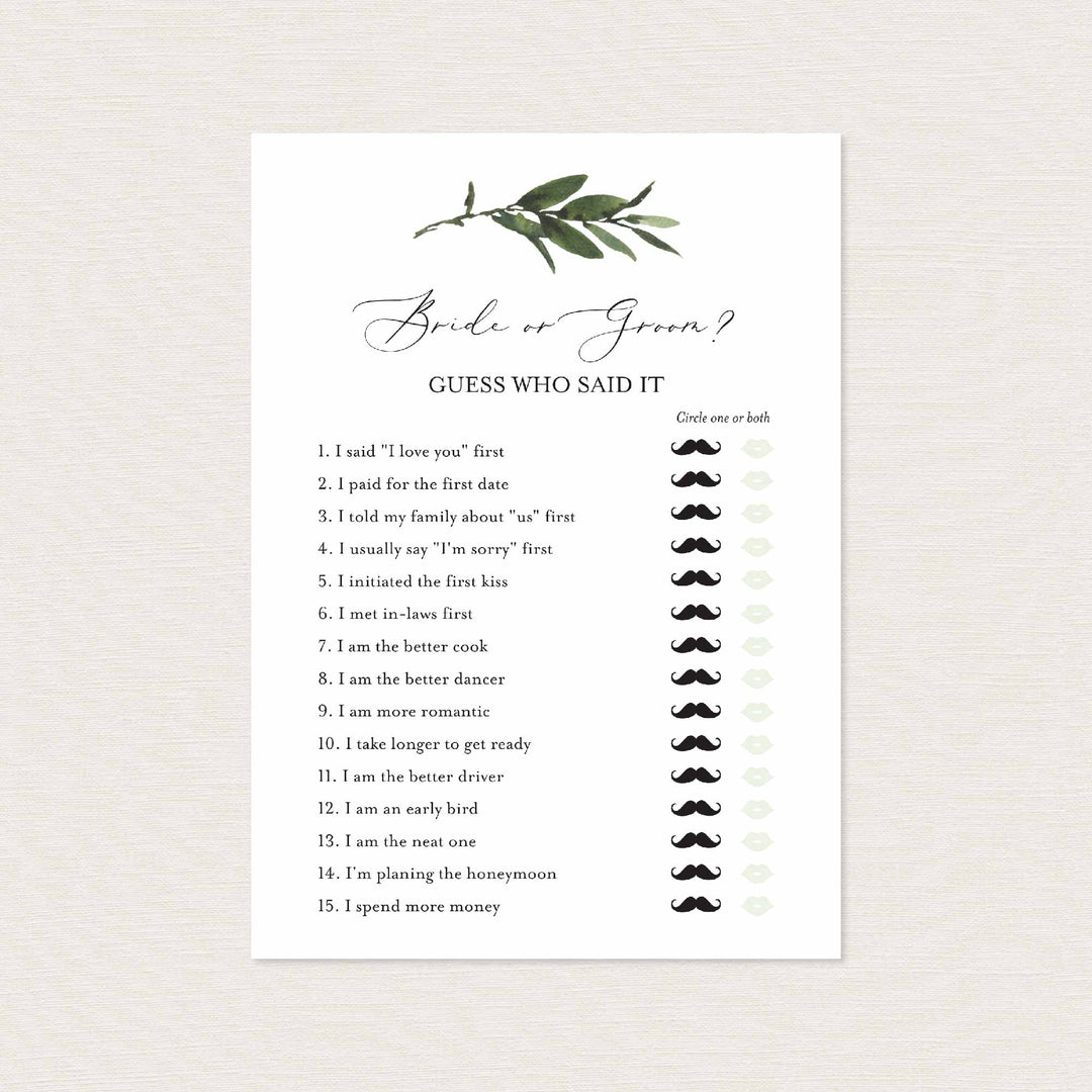 Foliage Bridal Shower He Said She Said Game Printable