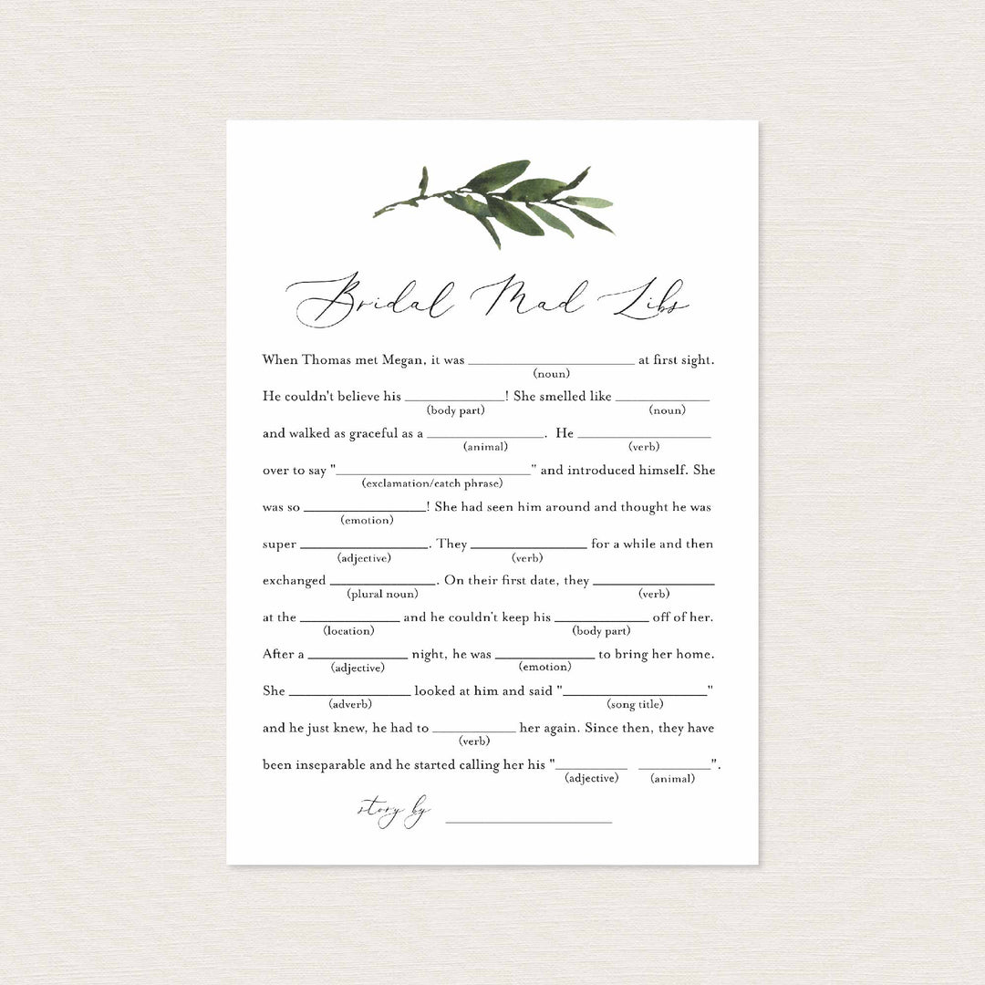 Foliage Bridal Shower Mad Libs Game Printable