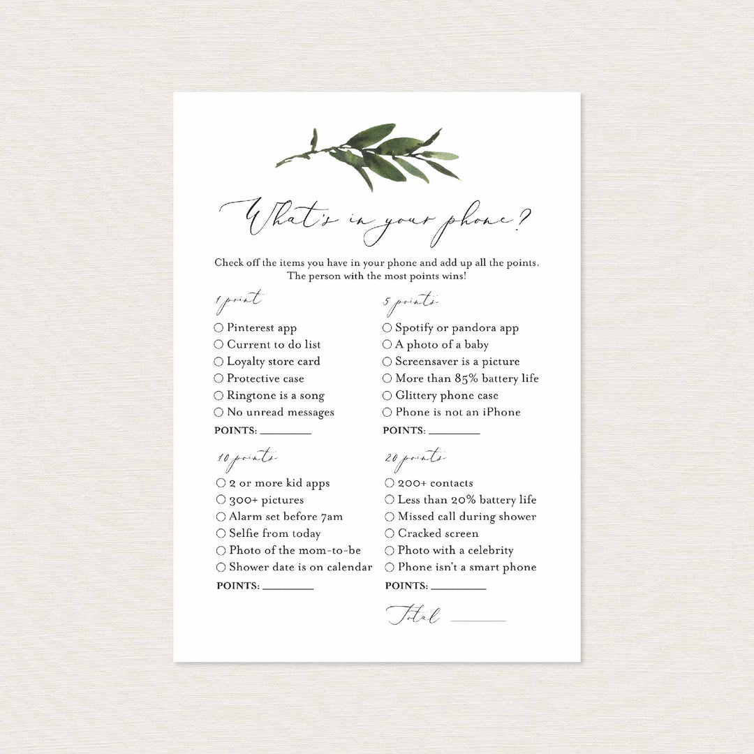 Foliage Bridal Shower What's In Your Phone Game Printable