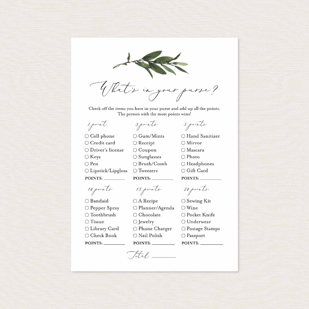 Foliage Bridal Shower What's In Your Purse Game Printable