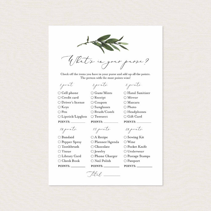 Foliage Bridal Shower What's In Your Purse Game Printable