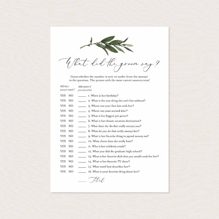 Foliage Bridal Shower What Did The Groom Say Game Printable