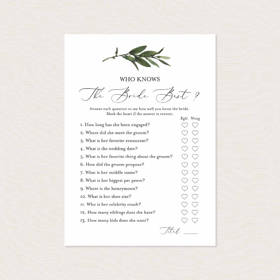 Foliage Bridal Shower Who Knows The Bride Best Game Printable