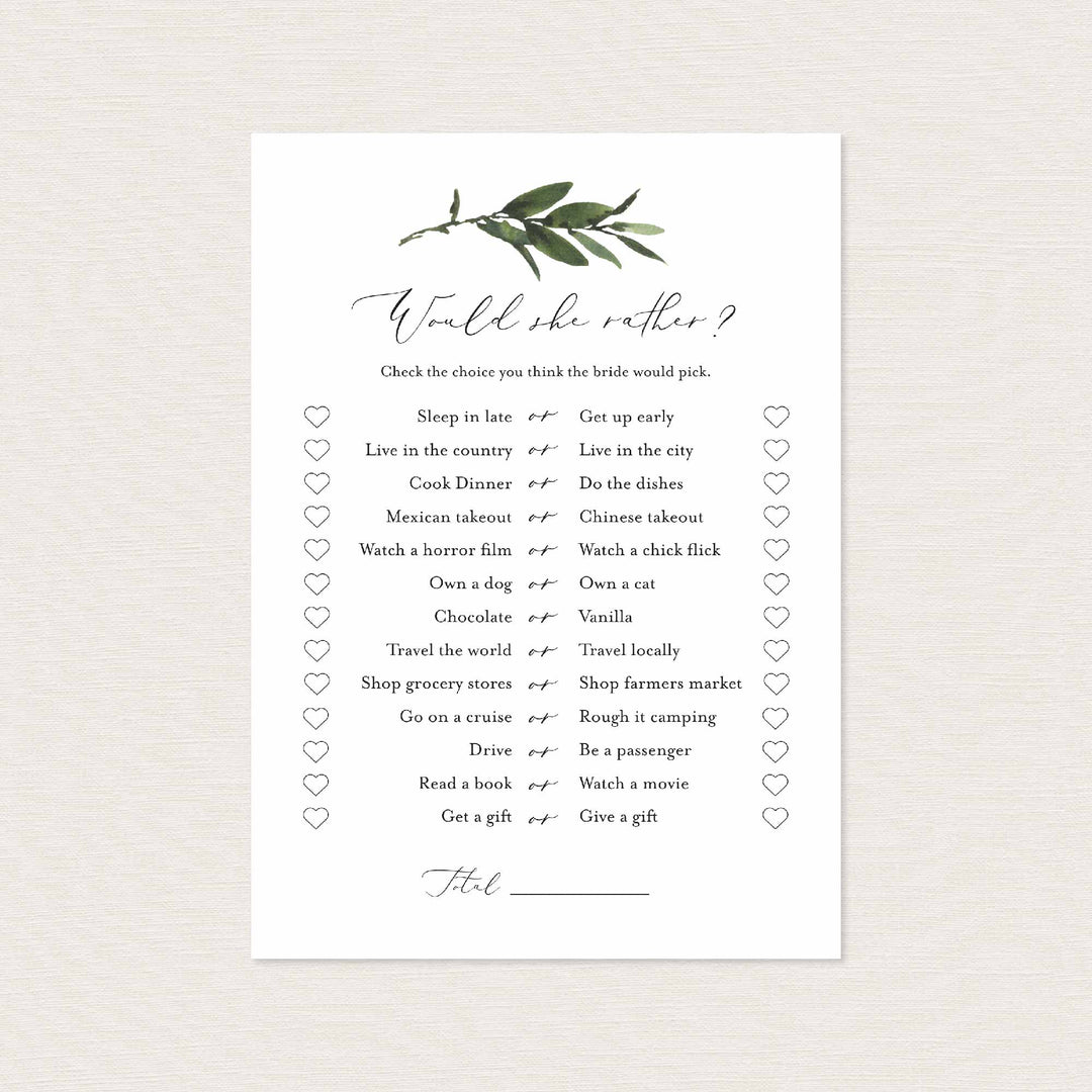 Foliage Bridal Shower Would She Rather Game Printable