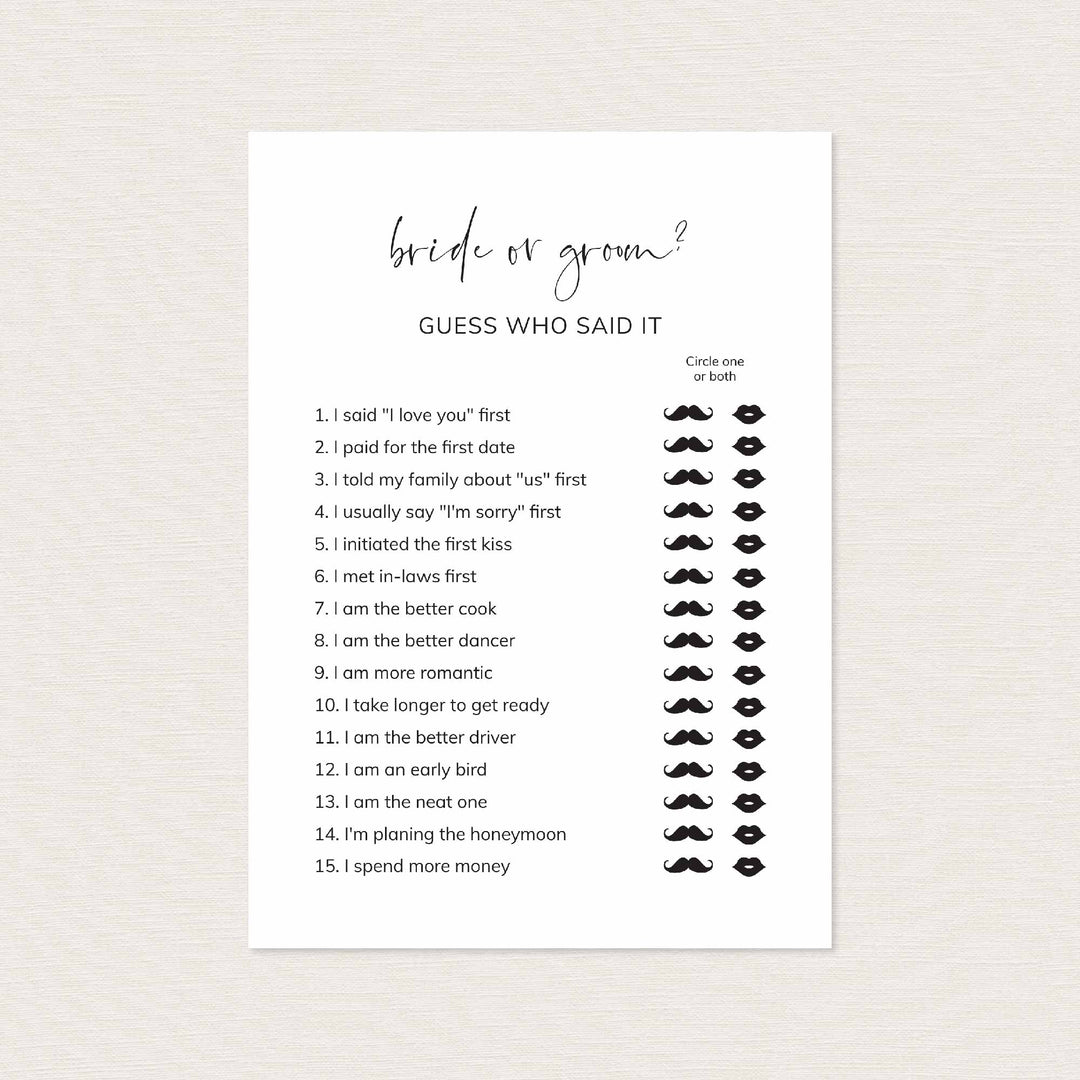 Modern Minimal Bridal Shower He Said She Said Game Printable