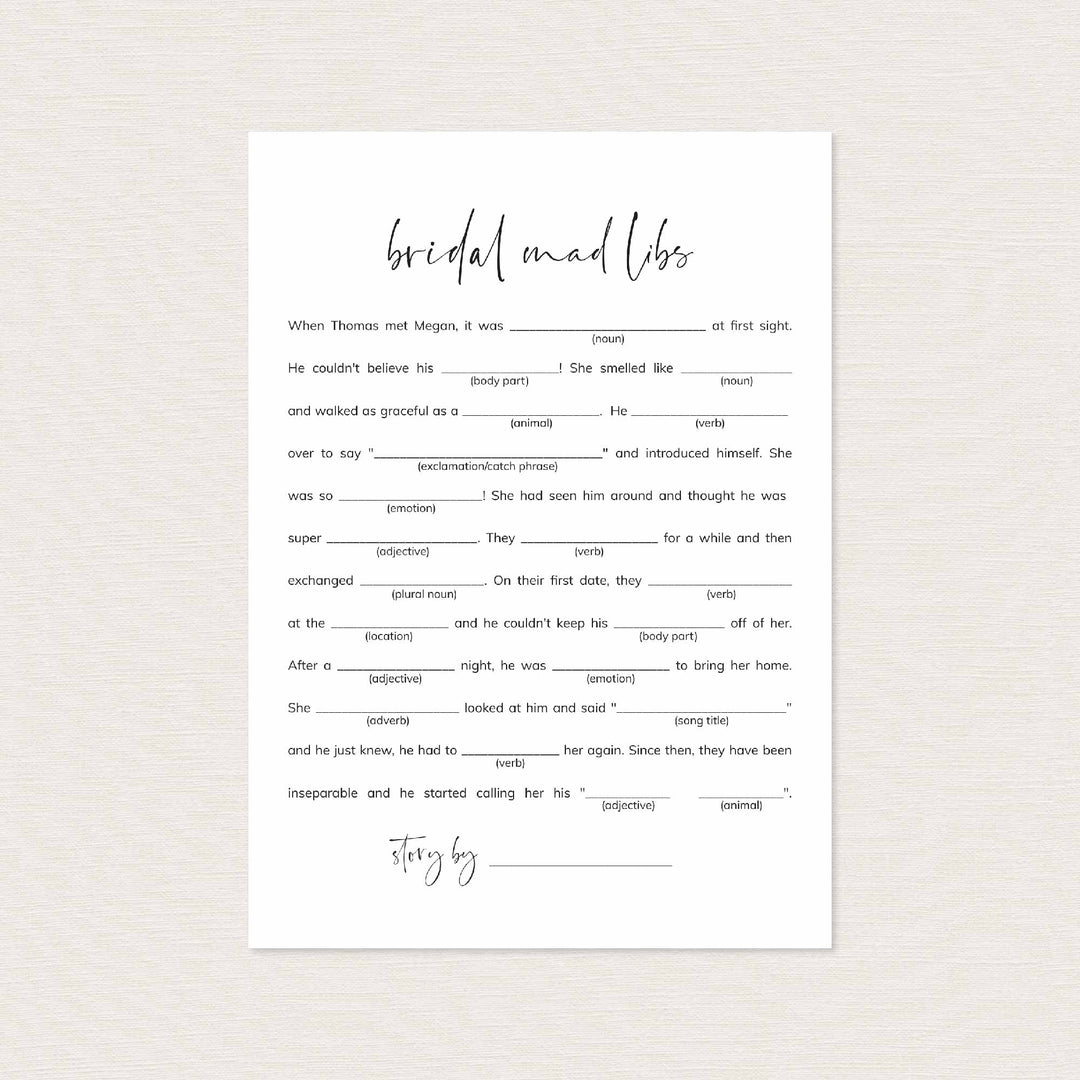 Modern Minimal Bridal Shower Mad Libs Game Printable