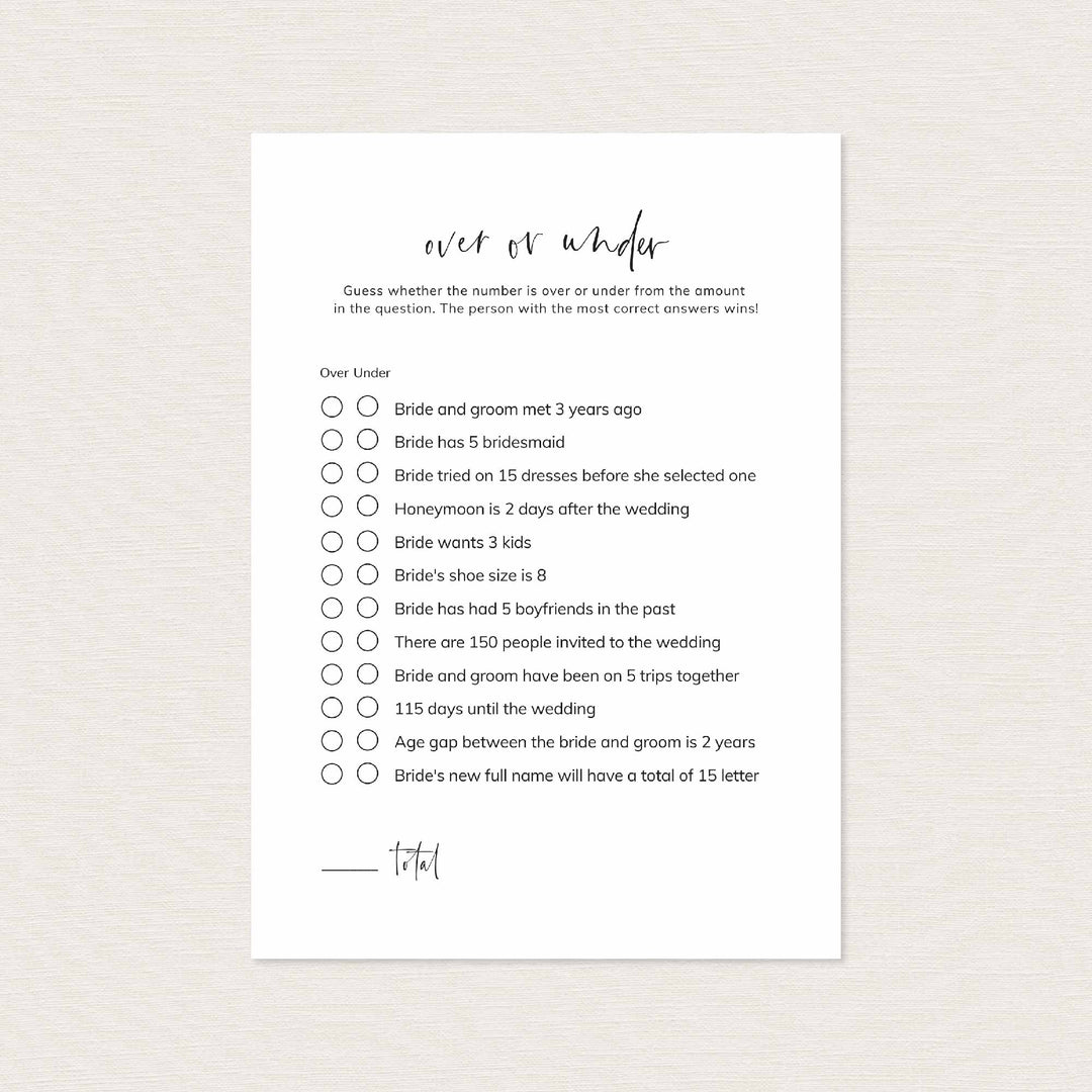 Modern Minimal Bridal Shower Over or Under Game Printable