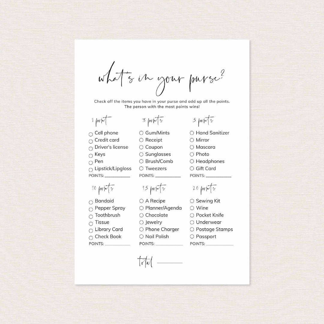 Modern Minimal Bridal Shower What's In Your Purse Game Printable