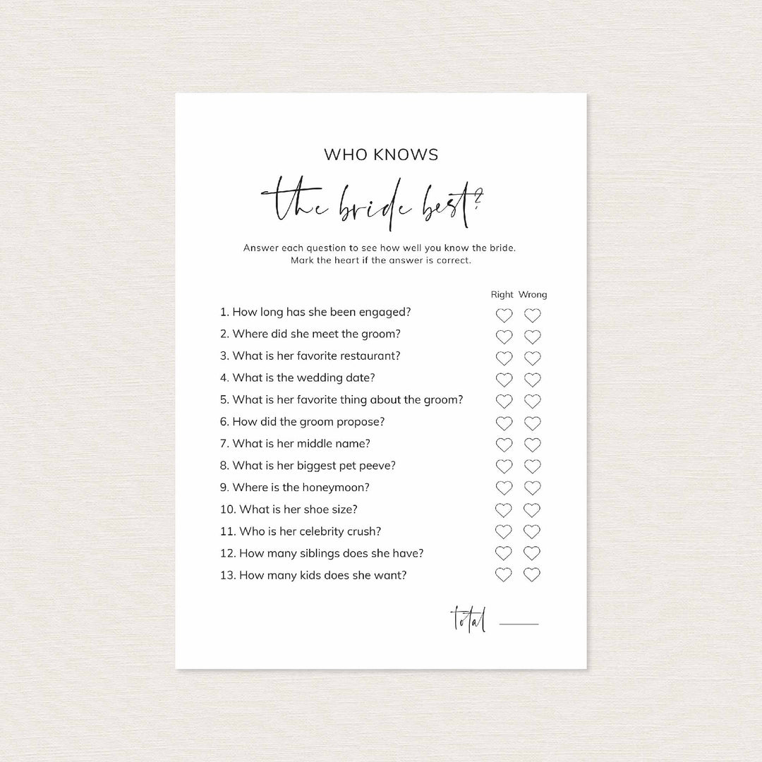 Modern Minimal Bridal Shower Who Knows The Bride Best Game Printable