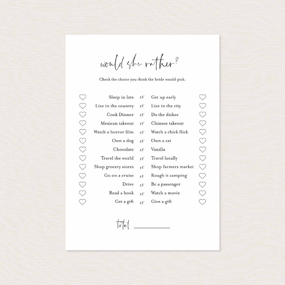 Modern Minimal Bridal Shower Would She Rather Game Printable