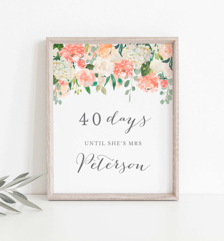 Peach and Cream Bridal Shower Days Until Mrs Sign Printable