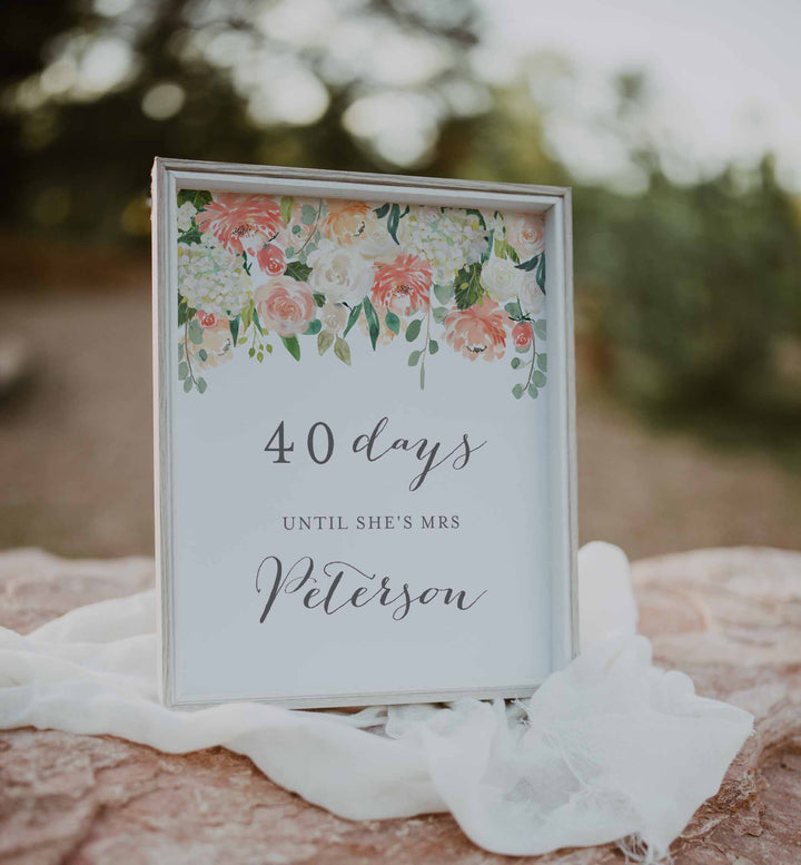 Peach and Cream Bridal Shower Days Until Mrs Sign Printable