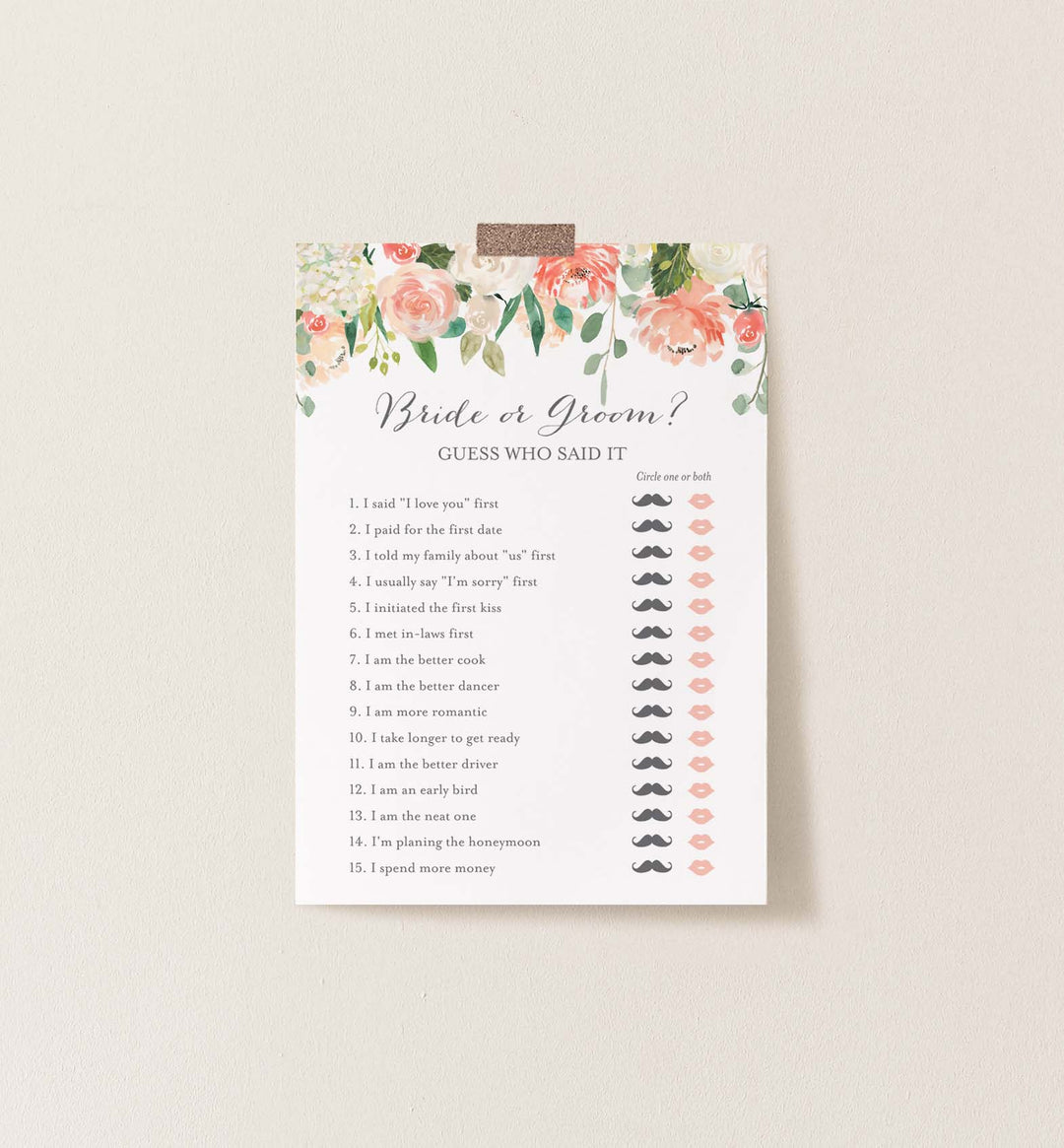 Peach and Cream Bridal Shower He Said She Said Game Printable