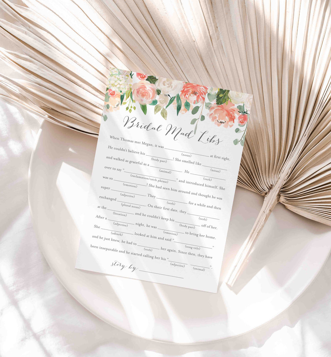 Peach and Cream Bridal Shower Mad Libs Game Printable