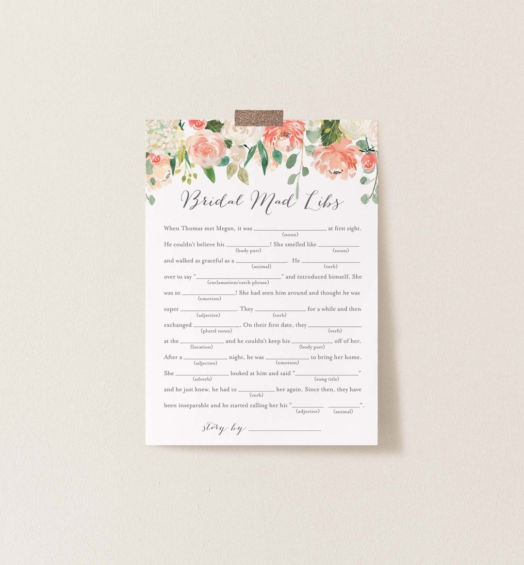 Peach and Cream Bridal Shower Mad Libs Game Printable