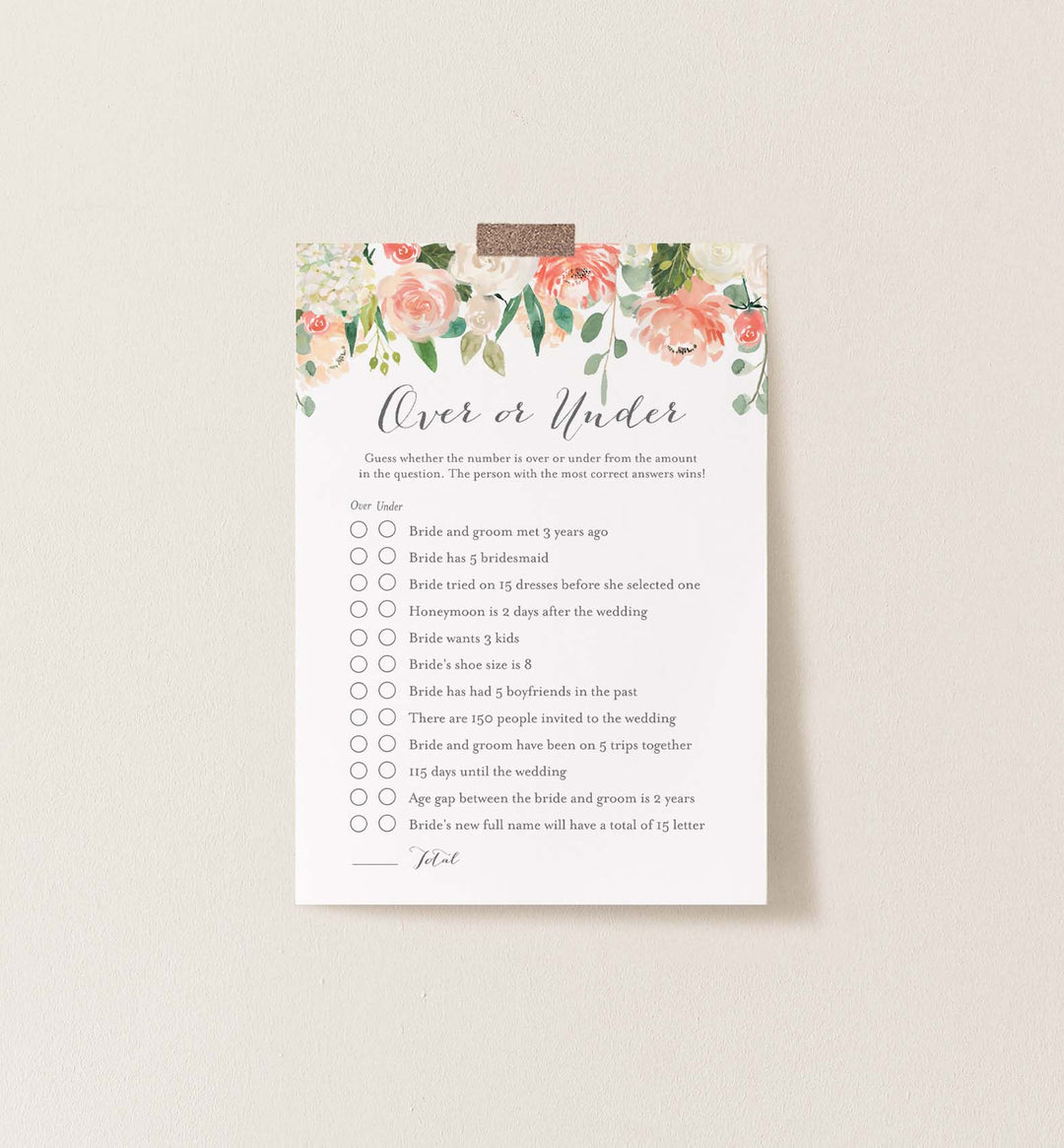 Peach and Cream Bridal Shower Over or Under Game Printable