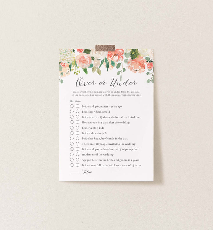 Peach and Cream Bridal Shower Over or Under Game Printable