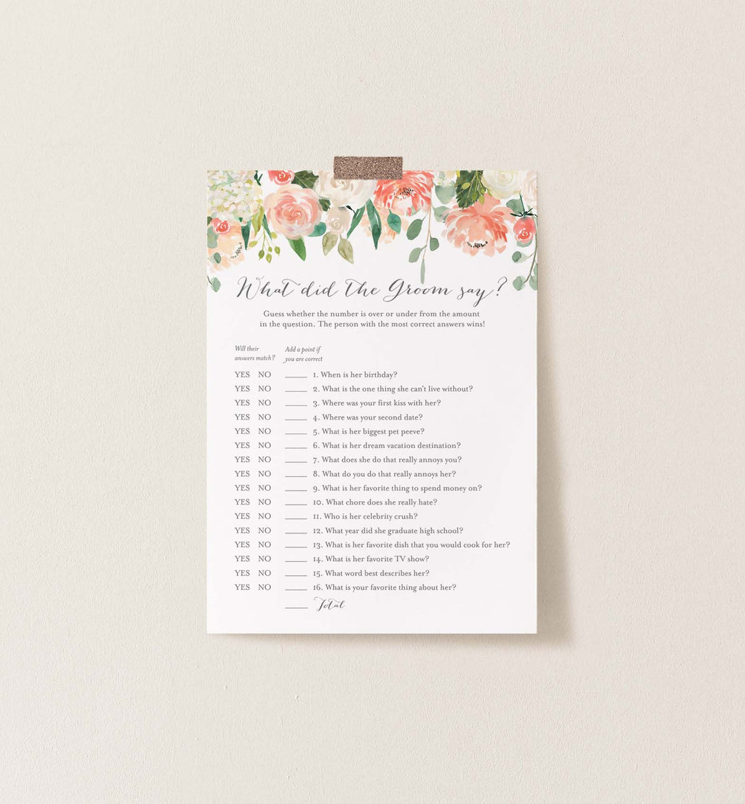 Peach and Cream Bridal Shower What Did The Groom Say Game Printable