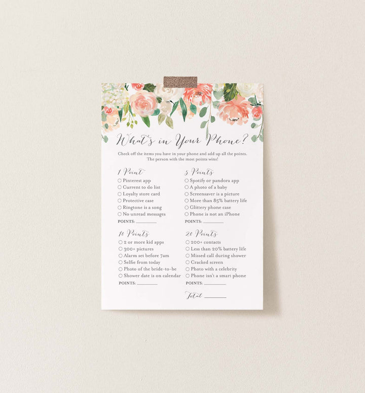 Peach and Cream Bridal Shower What's In Your Phone Game Printable