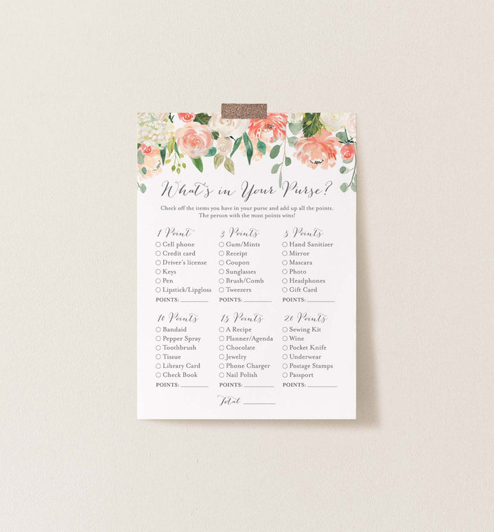 Peach and Cream Bridal Shower What's In Your Purse Game Printable