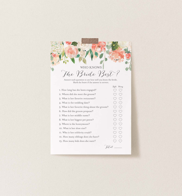 Peach and Cream Bridal Shower Who Knows The Bride Best Game Printable