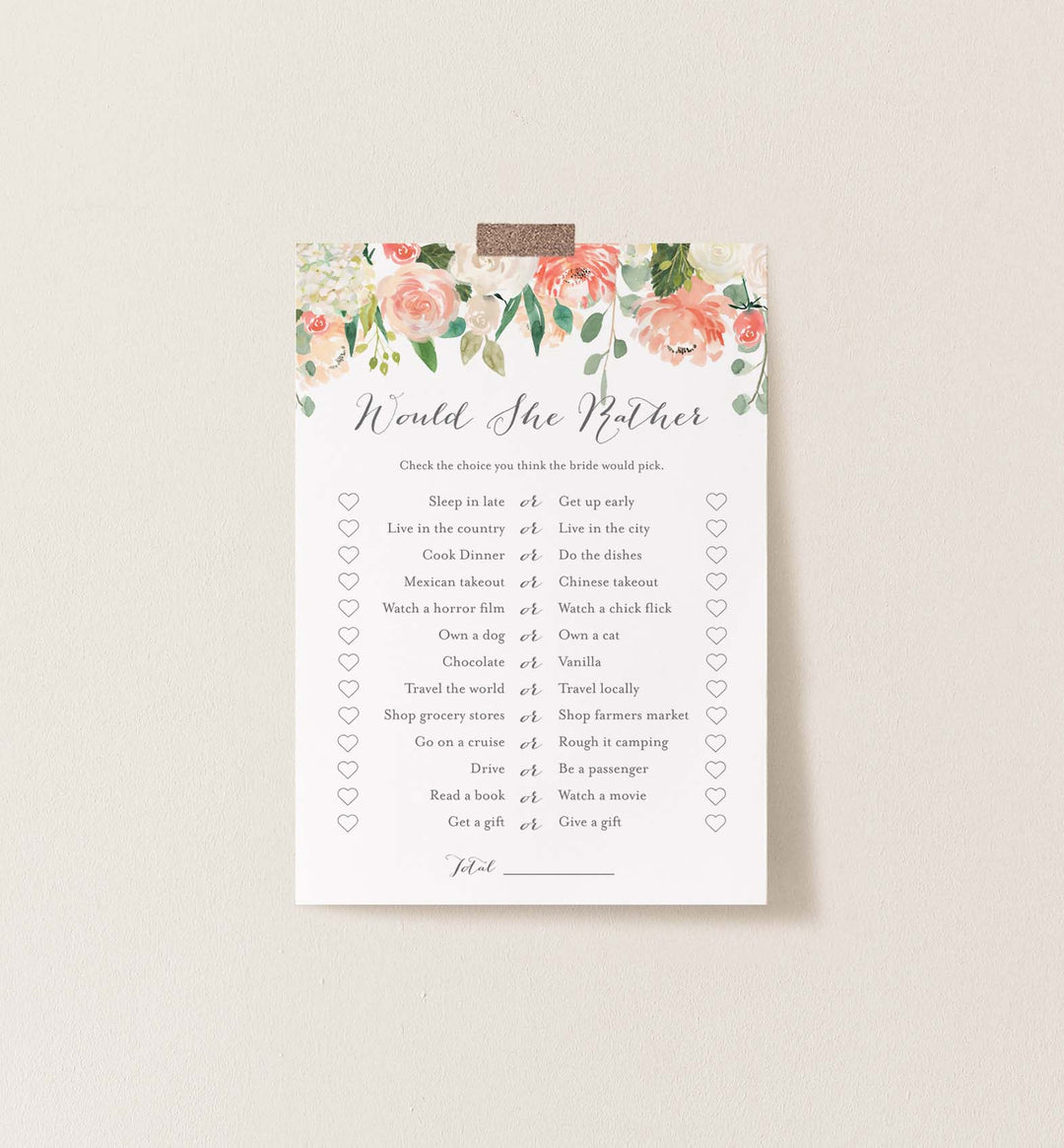 Peach and Cream Bridal Shower Would She Rather Game Printable