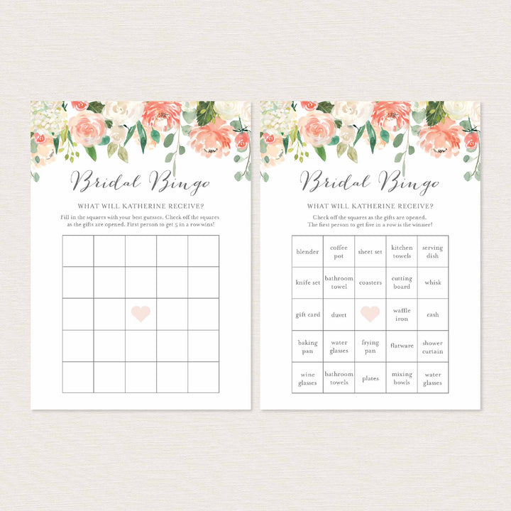 Peach and Cream Bridal Shower Bingo Game Printable