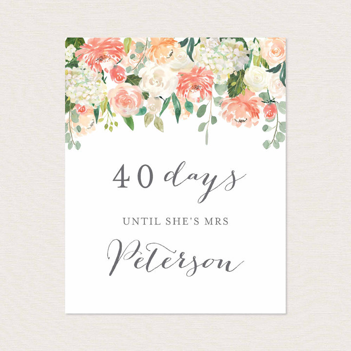 Peach and Cream Bridal Shower Days Until Mrs Sign Printable