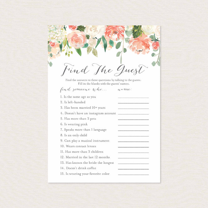 Peach and Cream Bridal Shower Find The Guest Game Printable