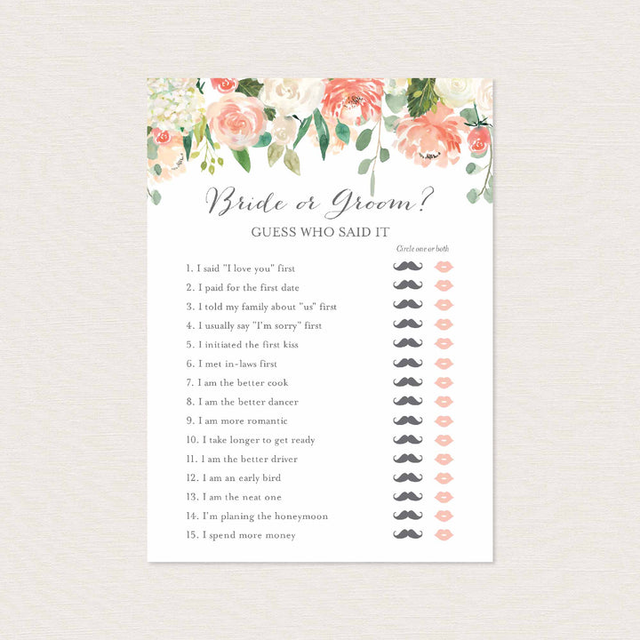 Peach and Cream Bridal Shower He Said She Said Game Printable