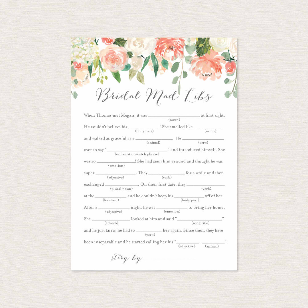 Peach and Cream Bridal Shower Mad Libs Game Printable