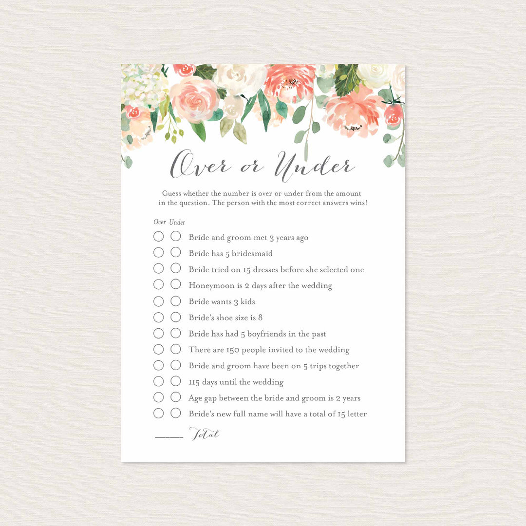 Peach and Cream Bridal Shower Over or Under Game Printable