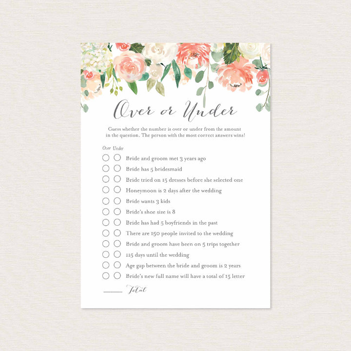 Peach and Cream Bridal Shower Over or Under Game Printable