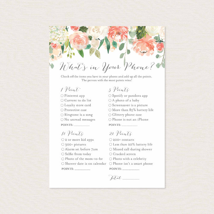 Peach and Cream Bridal Shower What's In Your Phone Game Printable