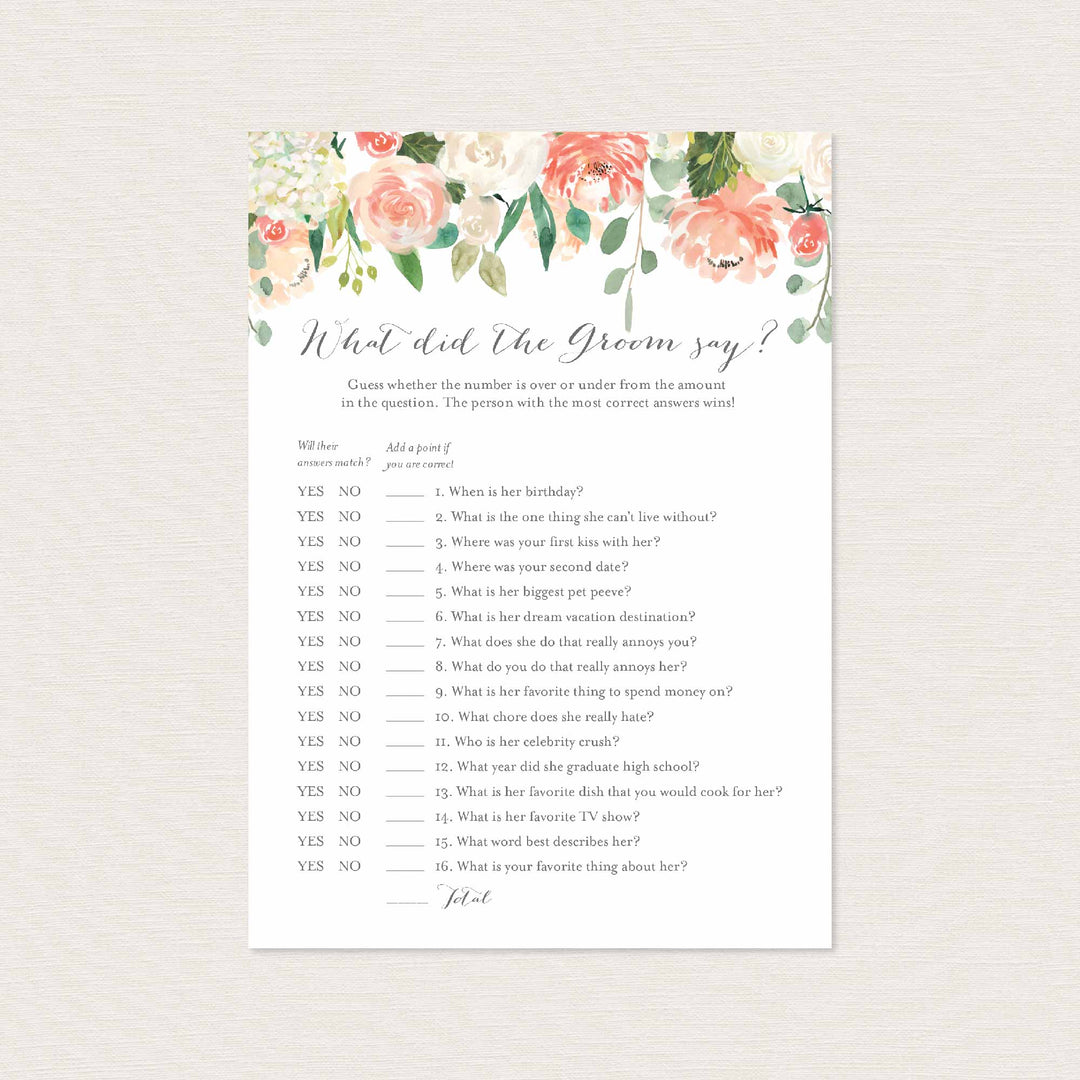 Peach and Cream Bridal Shower What Did The Groom Say Game Printable