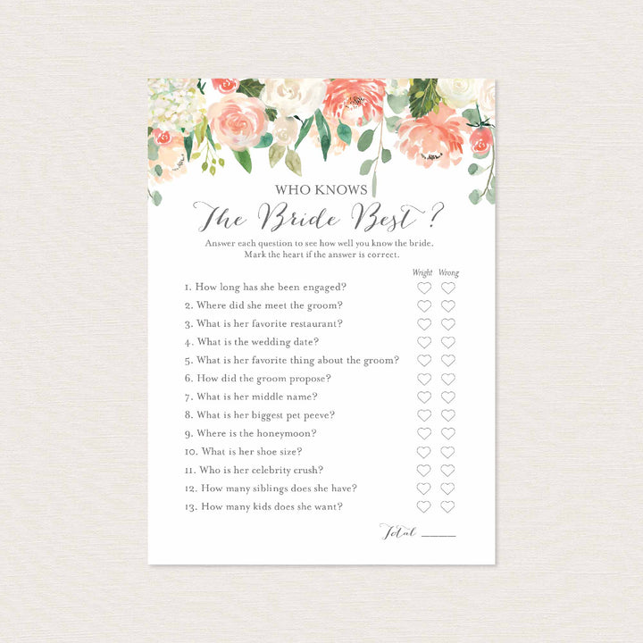 Peach and Cream Bridal Shower Who Knows The Bride Best Game Printable