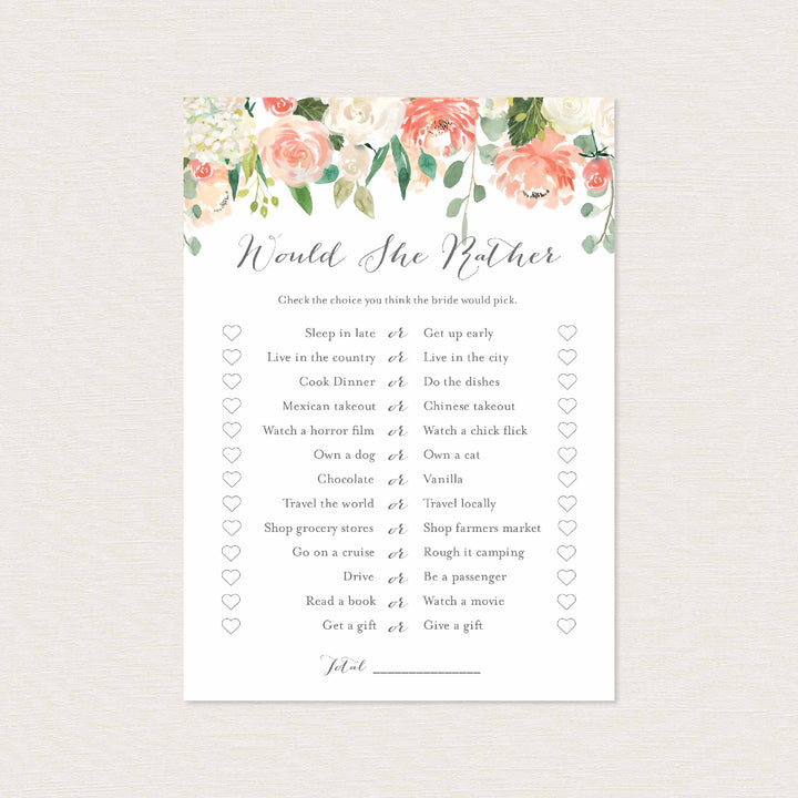 Peach and Cream Bridal Shower Would She Rather Game Printable