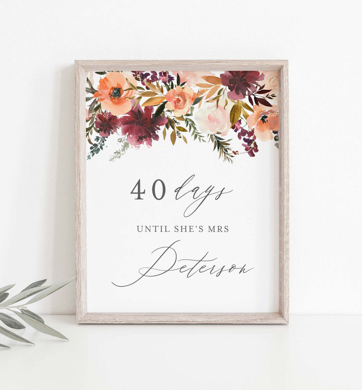 Romance Blush Bridal Shower Days Until Mrs Sign Printable