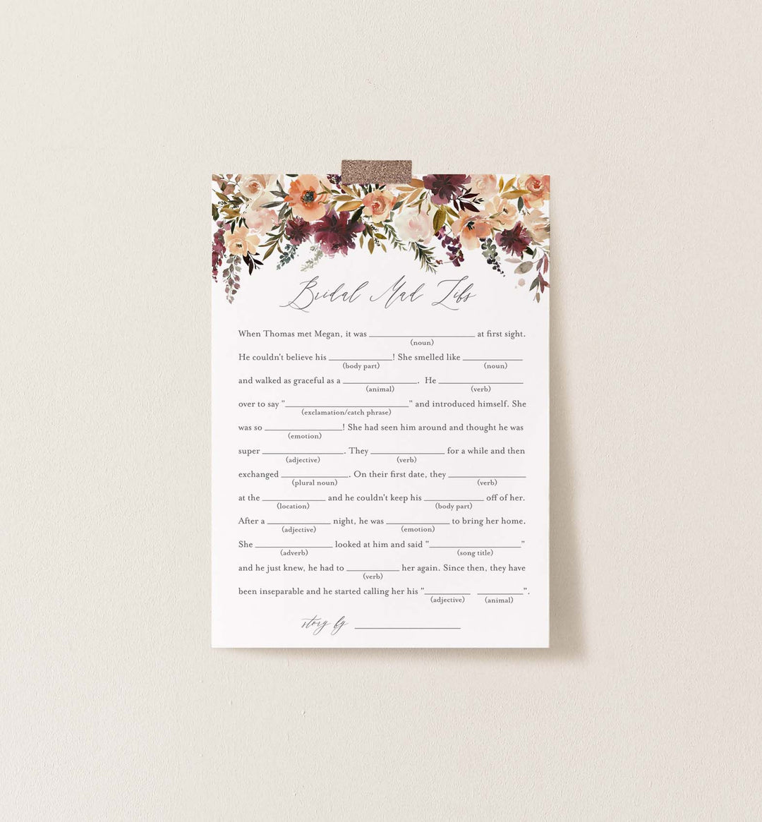 Romance Blush Bridal Shower Mad Libs Game Printable