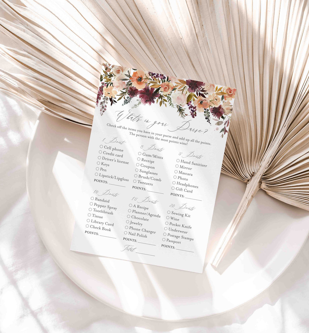 Romance Blush Bridal Shower What's In Your Purse Game Printable