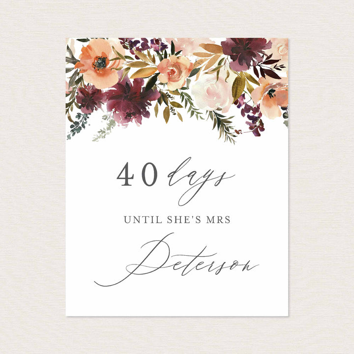 Romance Blush Bridal Shower Days Until Mrs Sign Printable